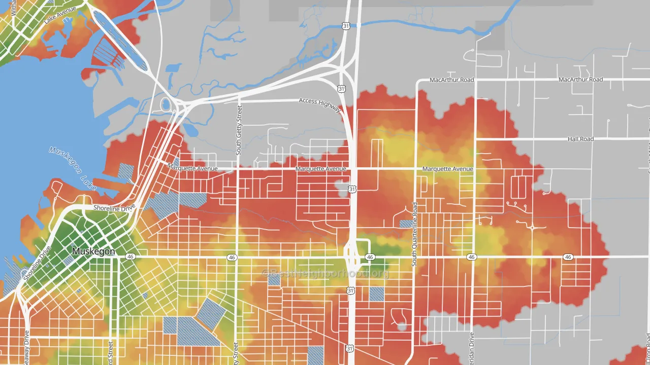 Walk Grade map of Marquette, Muskegon, MI, walkable areas in green and car-dependent areas in red