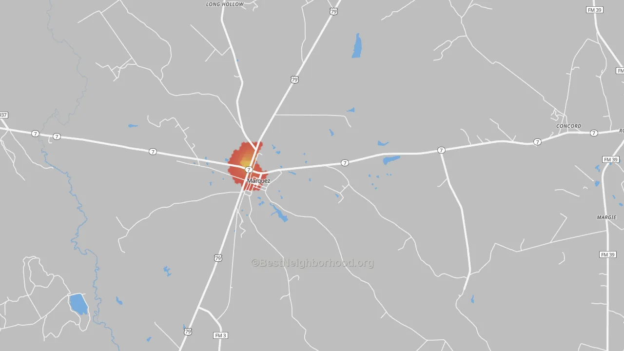 Walk Grade map of Marquez, TX, walkable areas in green and car-dependent areas in red