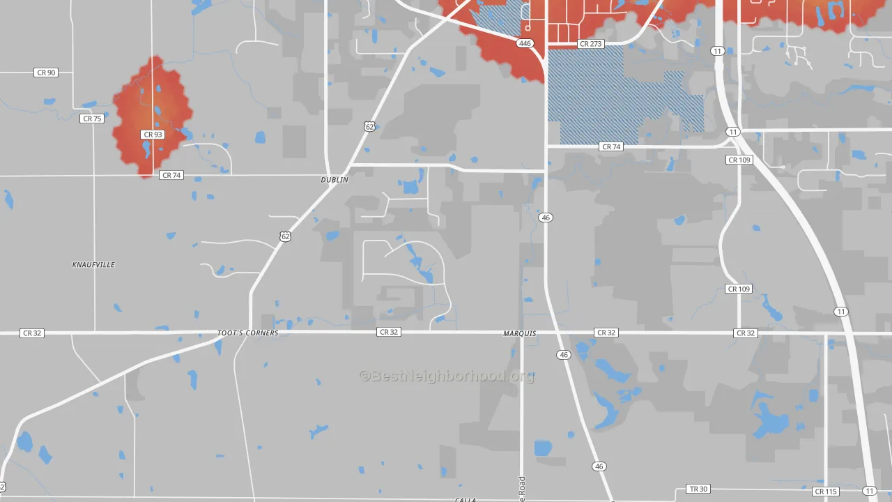 Walk Grade map of Marquis, OH, walkable areas in green and car-dependent areas in red