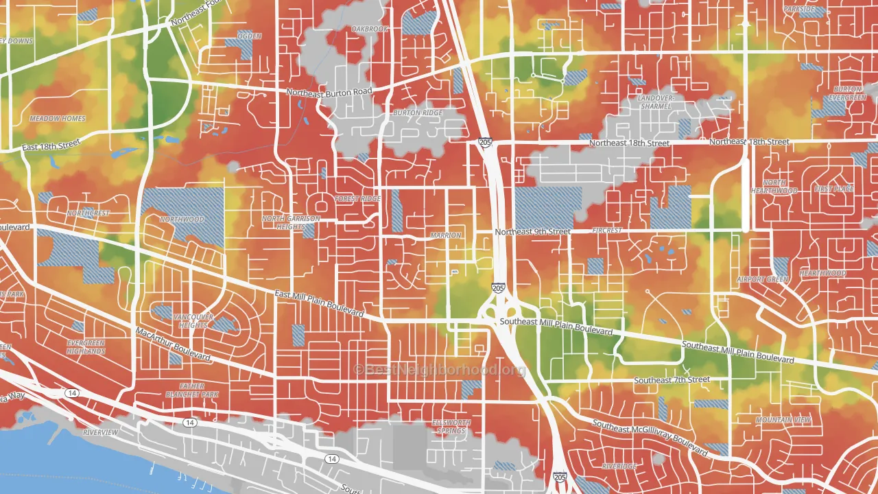 Walk Grade map of Marrion, Vancouver, WA, walkable areas in green and car-dependent areas in red
