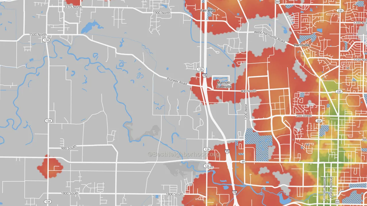 Walk Grade map of Marriott-Slaterville, UT, walkable areas in green and car-dependent areas in red