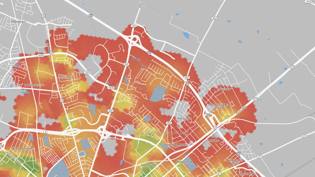 Walk Grade map of Marriott's Griffin Gate Golf Culb, Lexington, KY, walkable areas in green and car-dependent areas in red