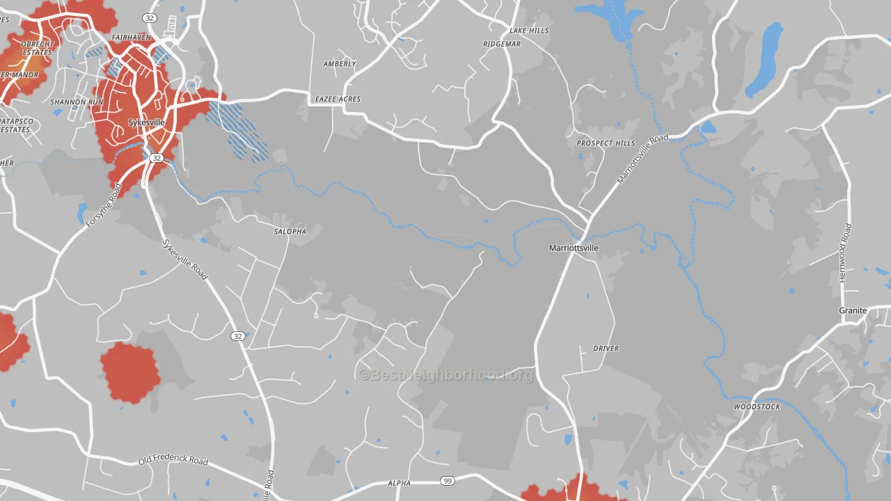 Walk Grade map of Marriottsville, MD, walkable areas in green and car-dependent areas in red