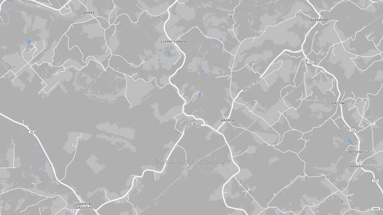 Walk Grade map of Marron, PA, walkable areas in green and car-dependent areas in red