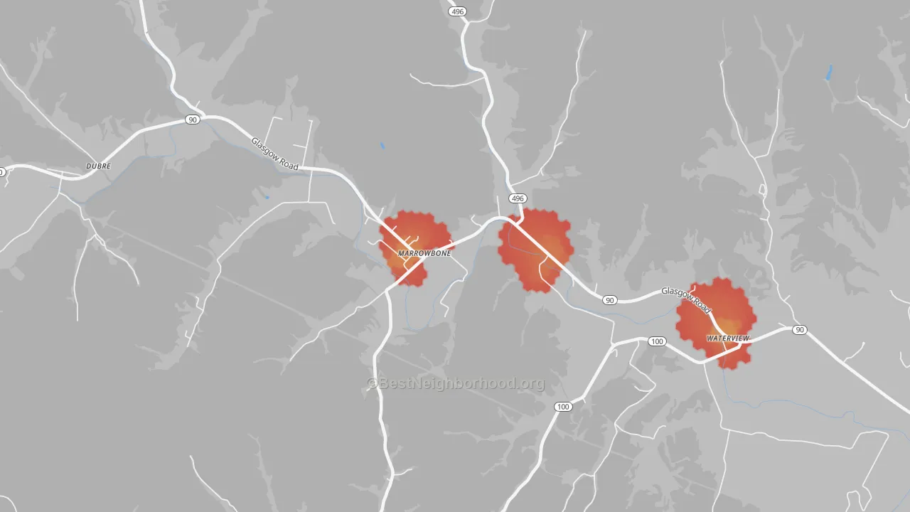 Walk Grade map of Marrowbone, KY, walkable areas in green and car-dependent areas in red