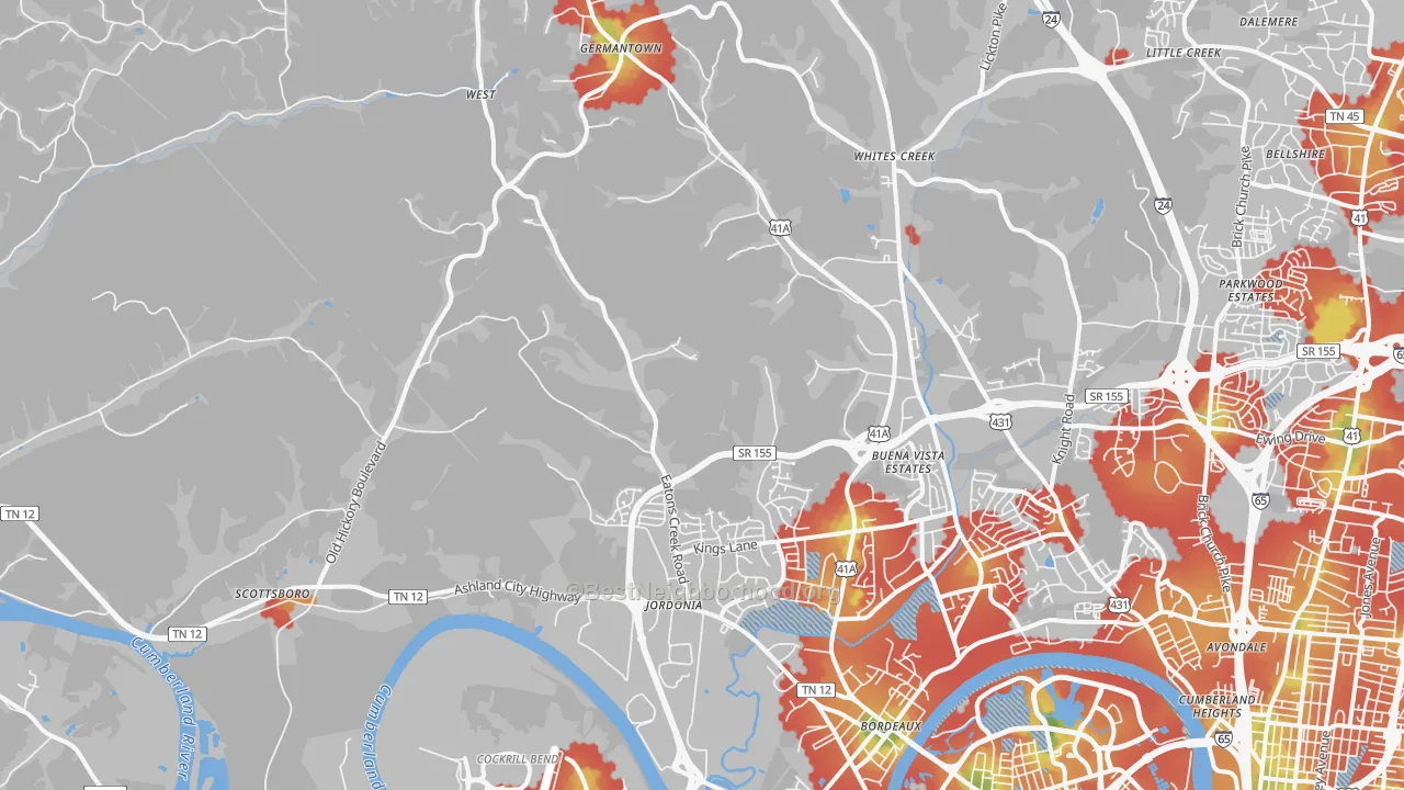 Walk Grade map of Marrowbone, Nashville, TN, walkable areas in green and car-dependent areas in red