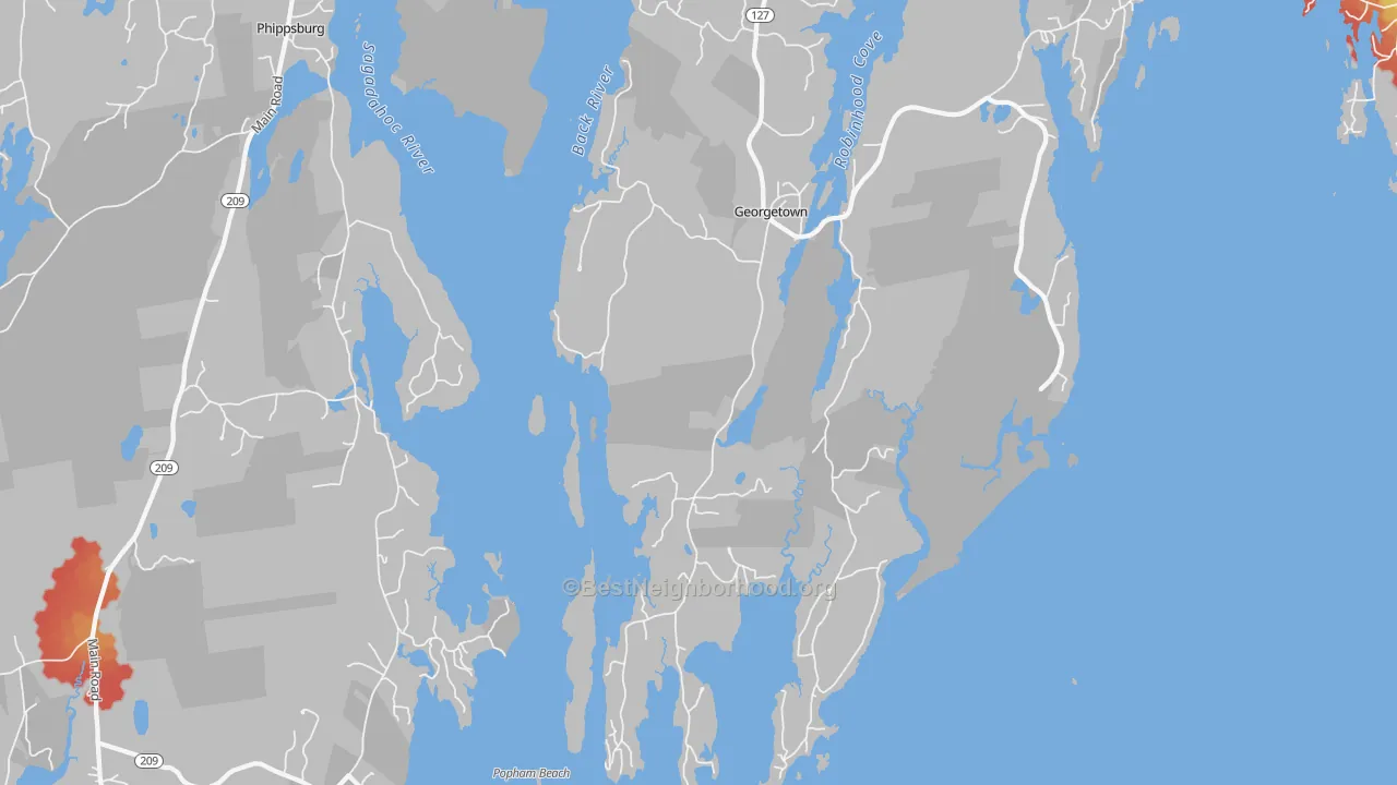 Walk Grade map of Marrtown, ME, walkable areas in green and car-dependent areas in red