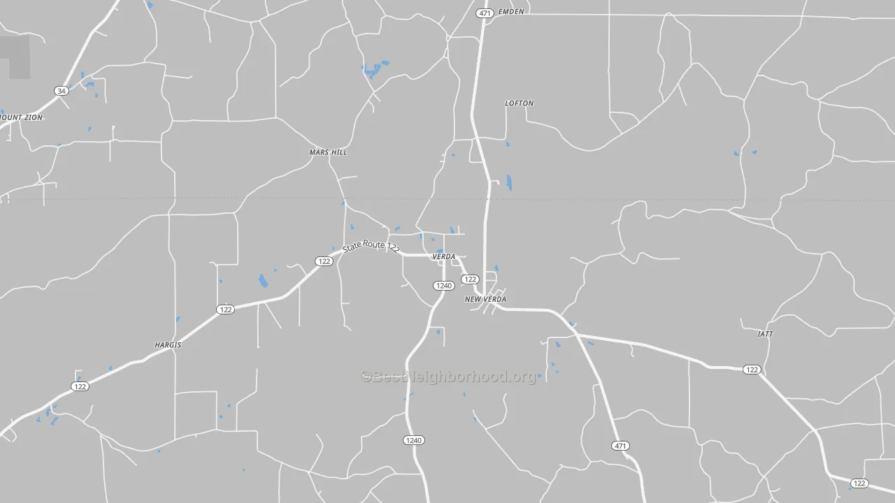 Walk Grade map of Mars Hill, LA, walkable areas in green and car-dependent areas in red
