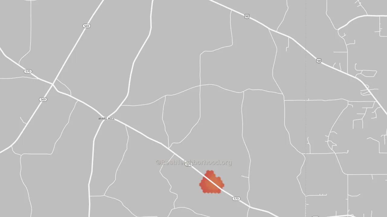 Walk Grade map of Mars Hill, MS, walkable areas in green and car-dependent areas in red
