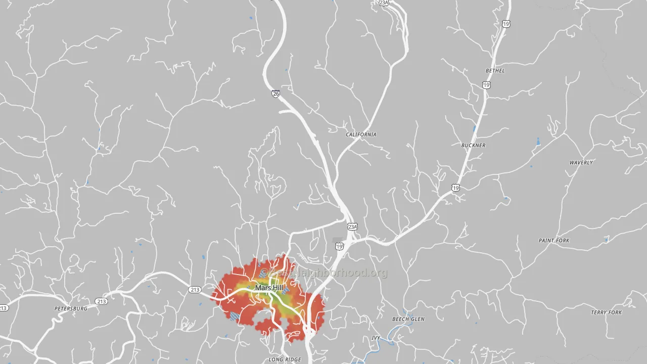 Walk Grade map of Mars Hill, NC, walkable areas in green and car-dependent areas in red