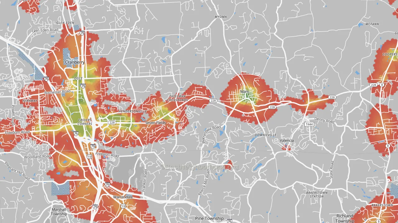 Walk Grade map of Mars, PA, walkable areas in green and car-dependent areas in red