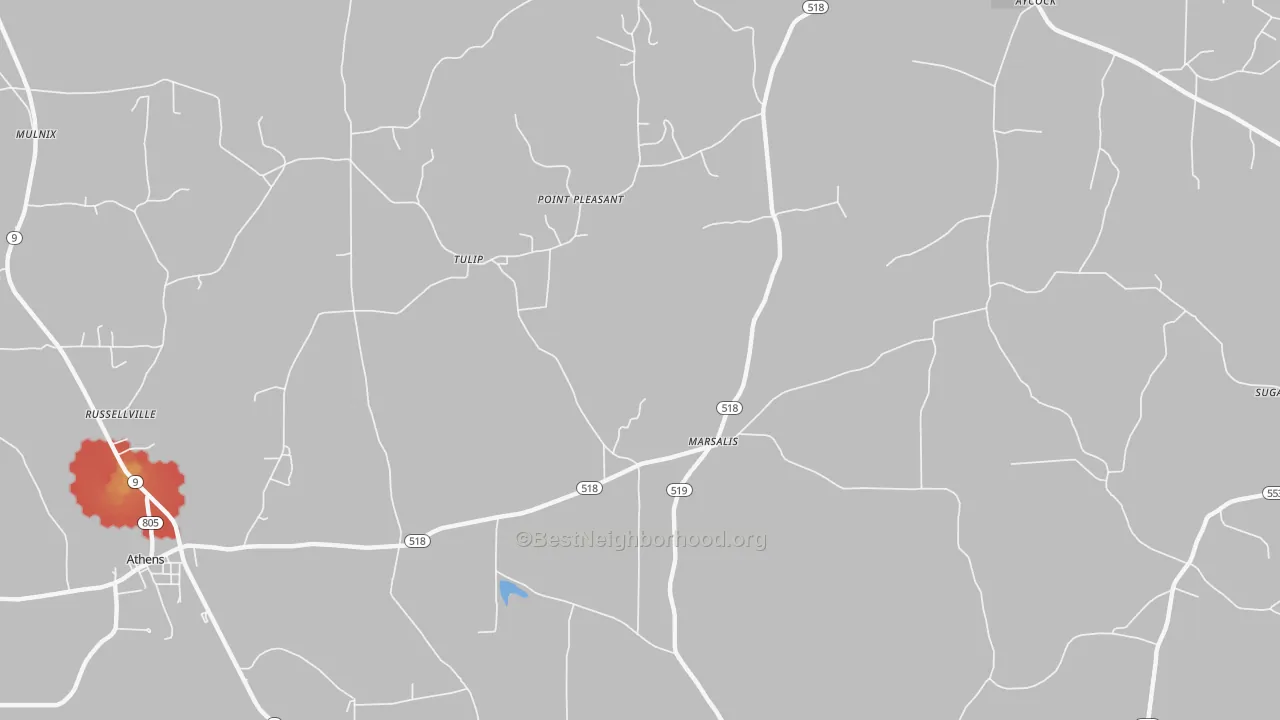Walk Grade map of Marsalis, LA, walkable areas in green and car-dependent areas in red