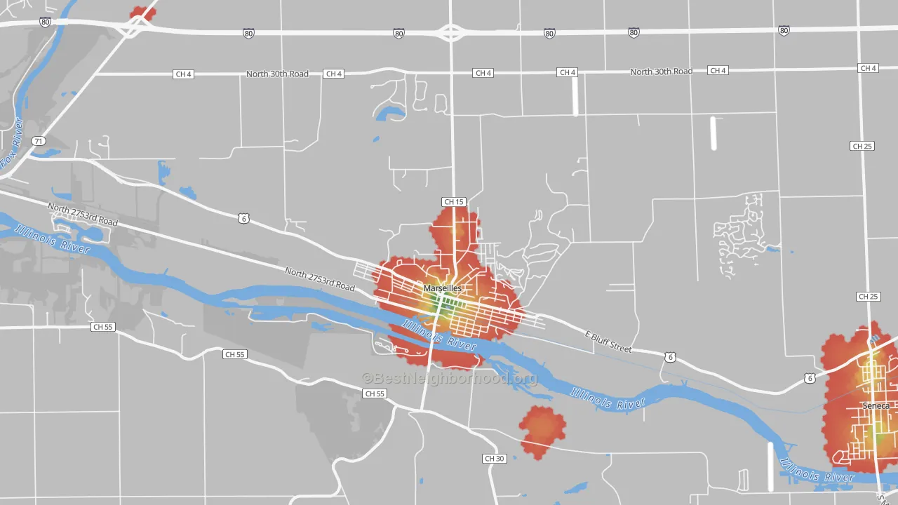 Walk Grade map of Marseilles, IL, walkable areas in green and car-dependent areas in red