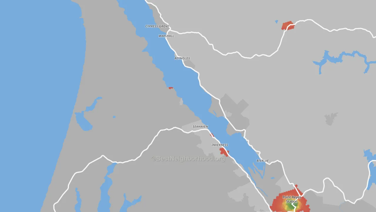 Walk Grade map of Marshall, CA, walkable areas in green and car-dependent areas in red