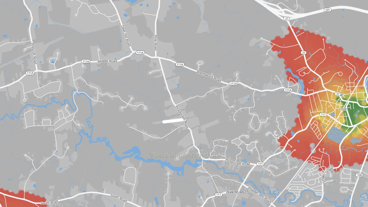 Walk Grade map of Marshall Corner, NH, walkable areas in green and car-dependent areas in red