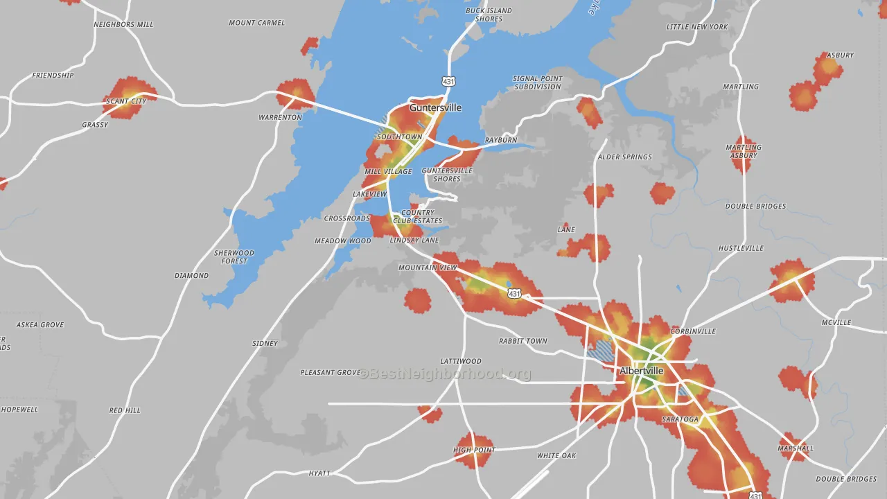 Walk Grade map of Marshall County, AL, walkable areas in green and car-dependent areas in red