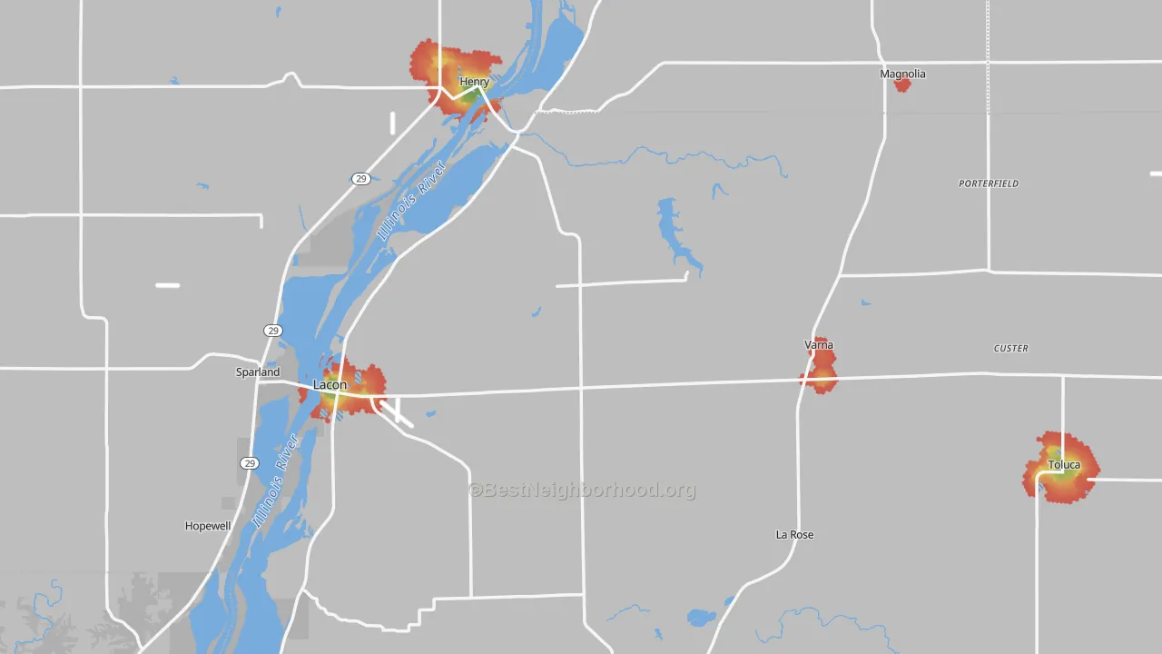 Walk Grade map of Marshall County, IL, walkable areas in green and car-dependent areas in red
