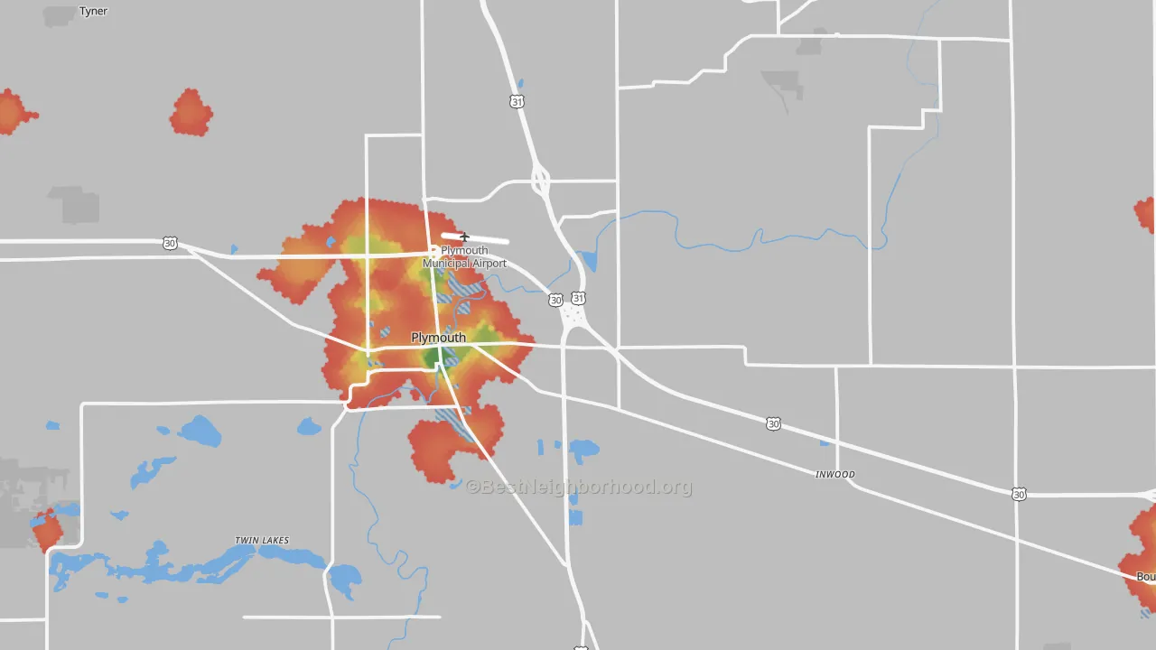 Walk Grade map of Marshall County, IN, walkable areas in green and car-dependent areas in red