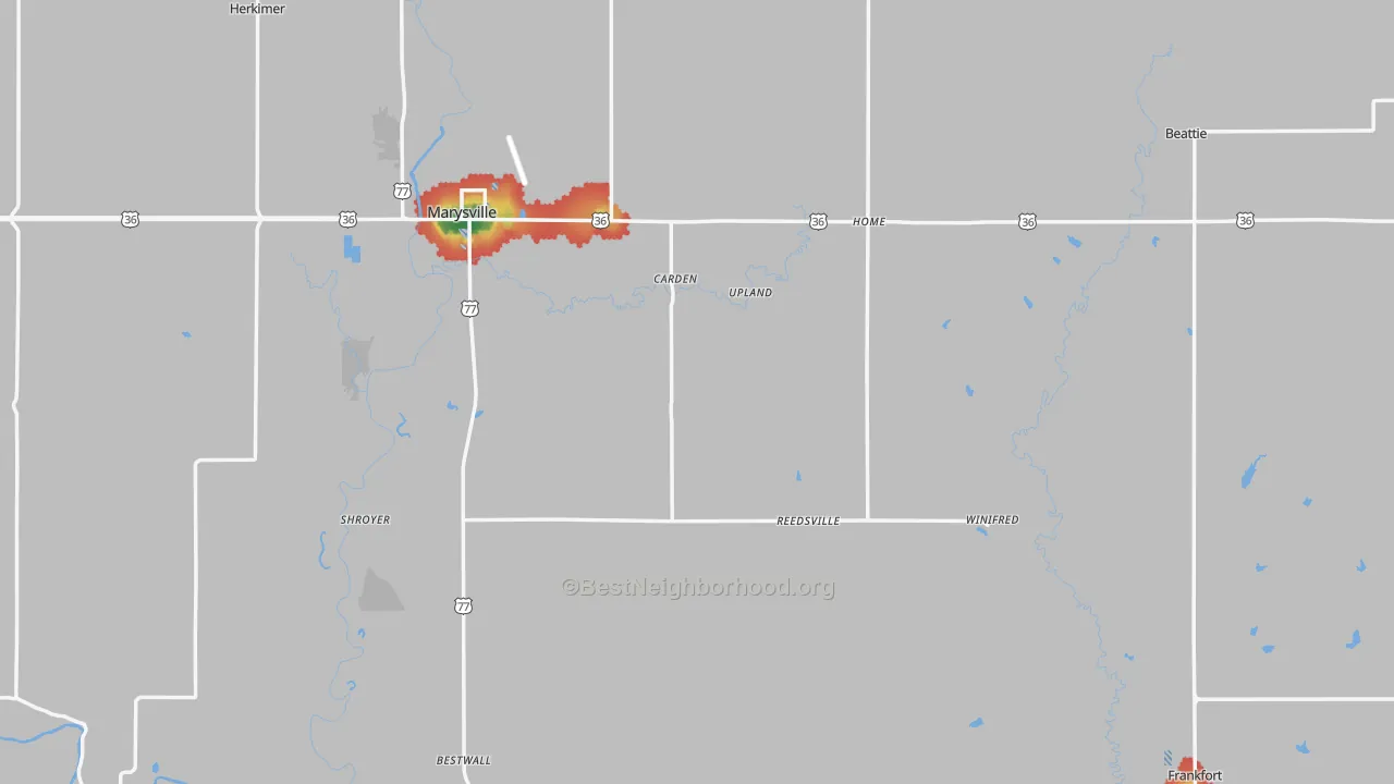 Walk Grade map of Marshall County, KS, walkable areas in green and car-dependent areas in red