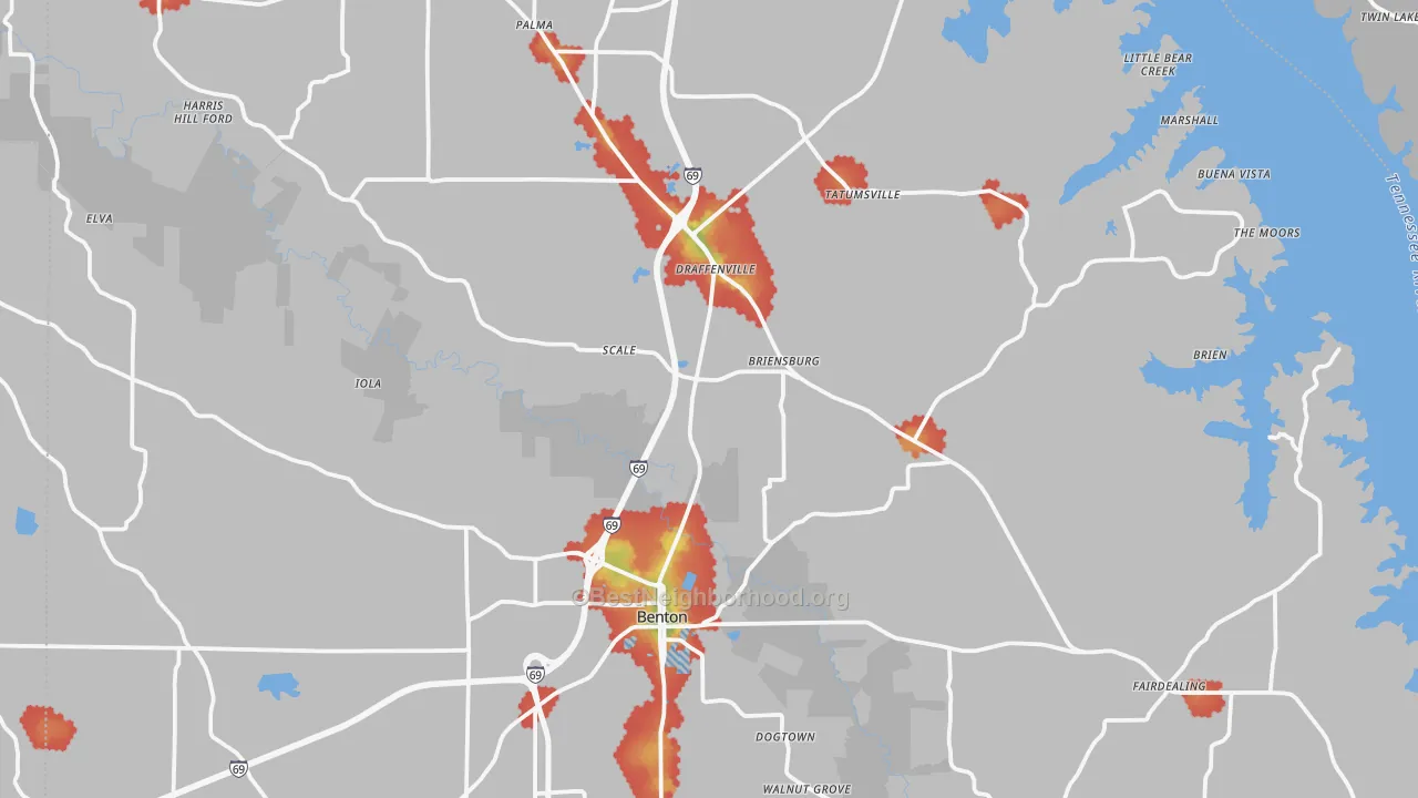 Walk Grade map of Marshall County, KY, walkable areas in green and car-dependent areas in red