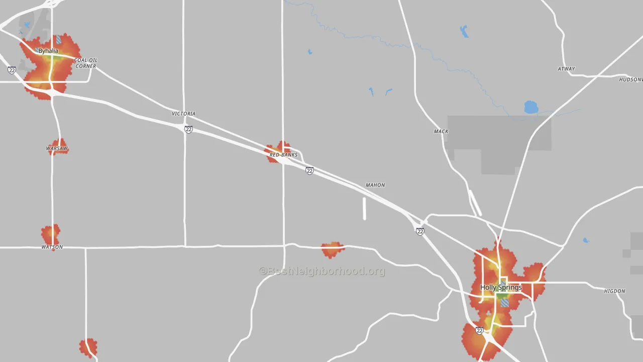 Walk Grade map of Marshall County, MS, walkable areas in green and car-dependent areas in red