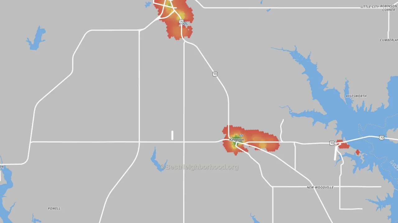Walk Grade map of Marshall County, OK, walkable areas in green and car-dependent areas in red