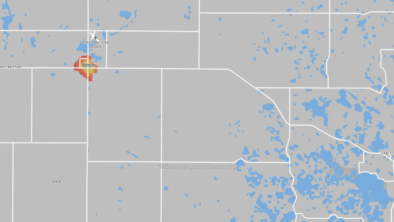 Walk Grade map of Marshall County, SD, walkable areas in green and car-dependent areas in red