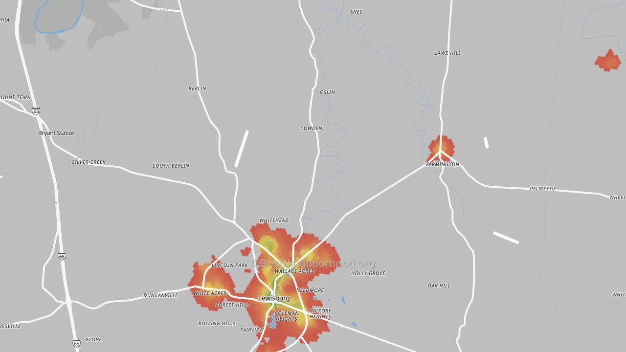 Walk Grade map of Marshall County, TN, walkable areas in green and car-dependent areas in red
