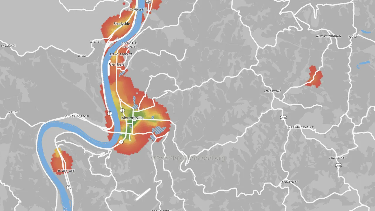 Walk Grade map of Marshall County, WV, walkable areas in green and car-dependent areas in red