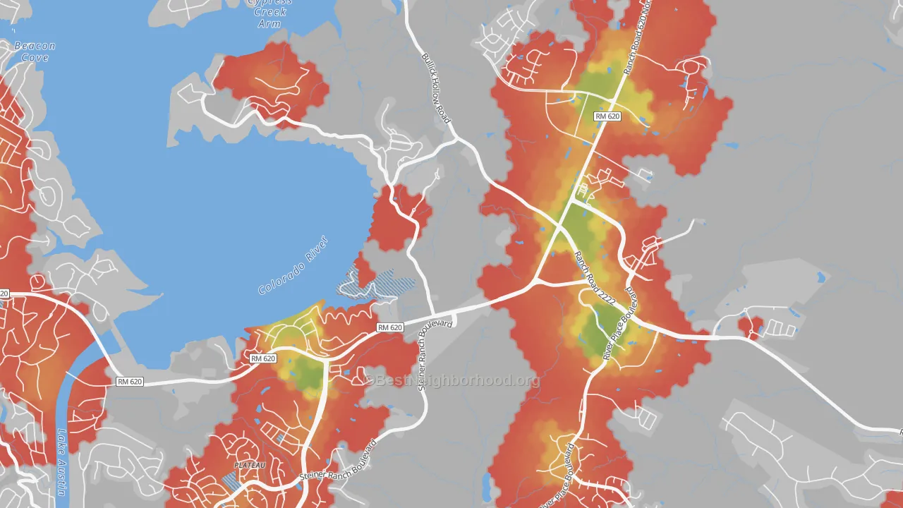 Walk Grade map of Marshall Ford, TX, walkable areas in green and car-dependent areas in red