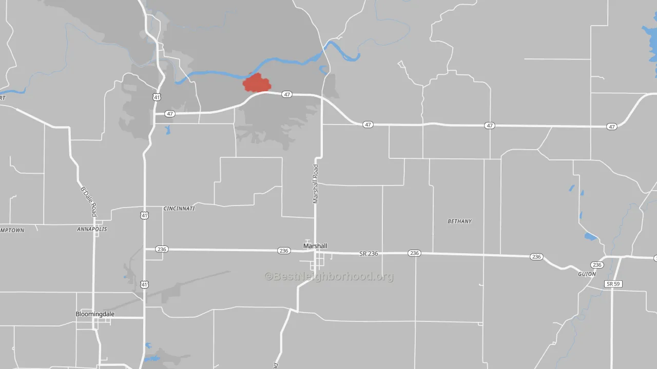Walk Grade map of Marshall, IN, walkable areas in green and car-dependent areas in red