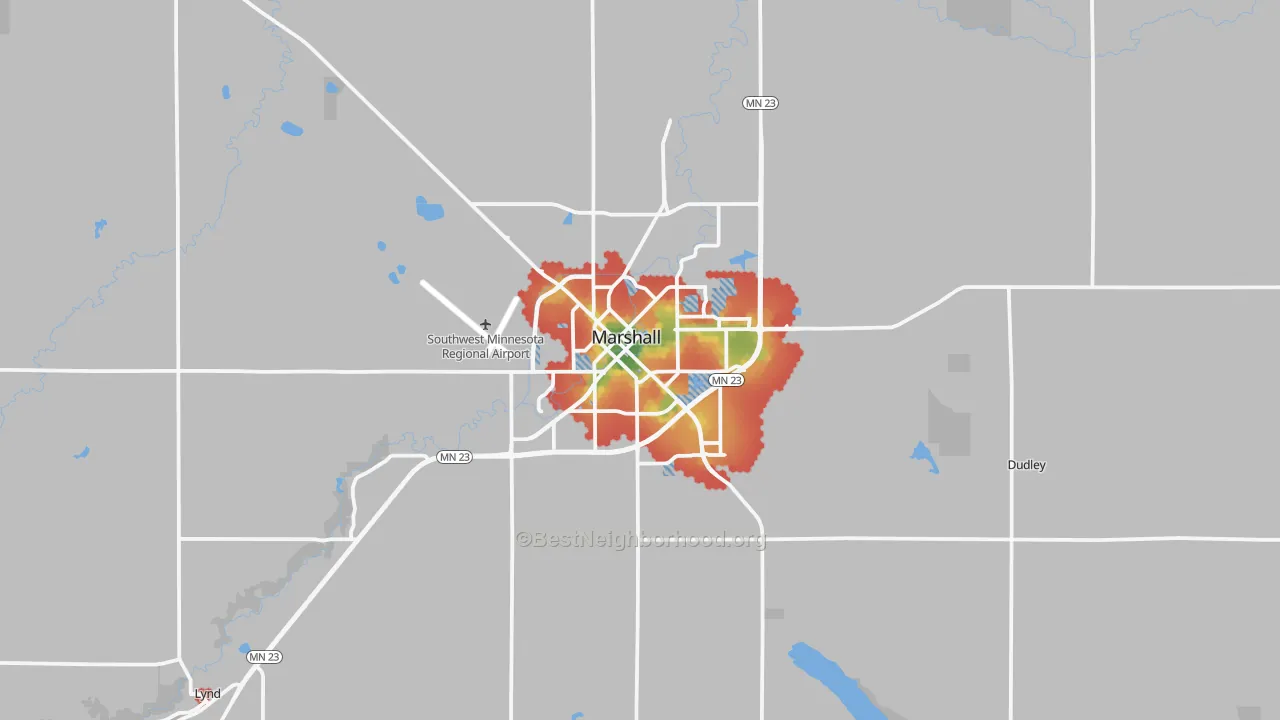 Walk Grade map of Marshall, MN, walkable areas in green and car-dependent areas in red