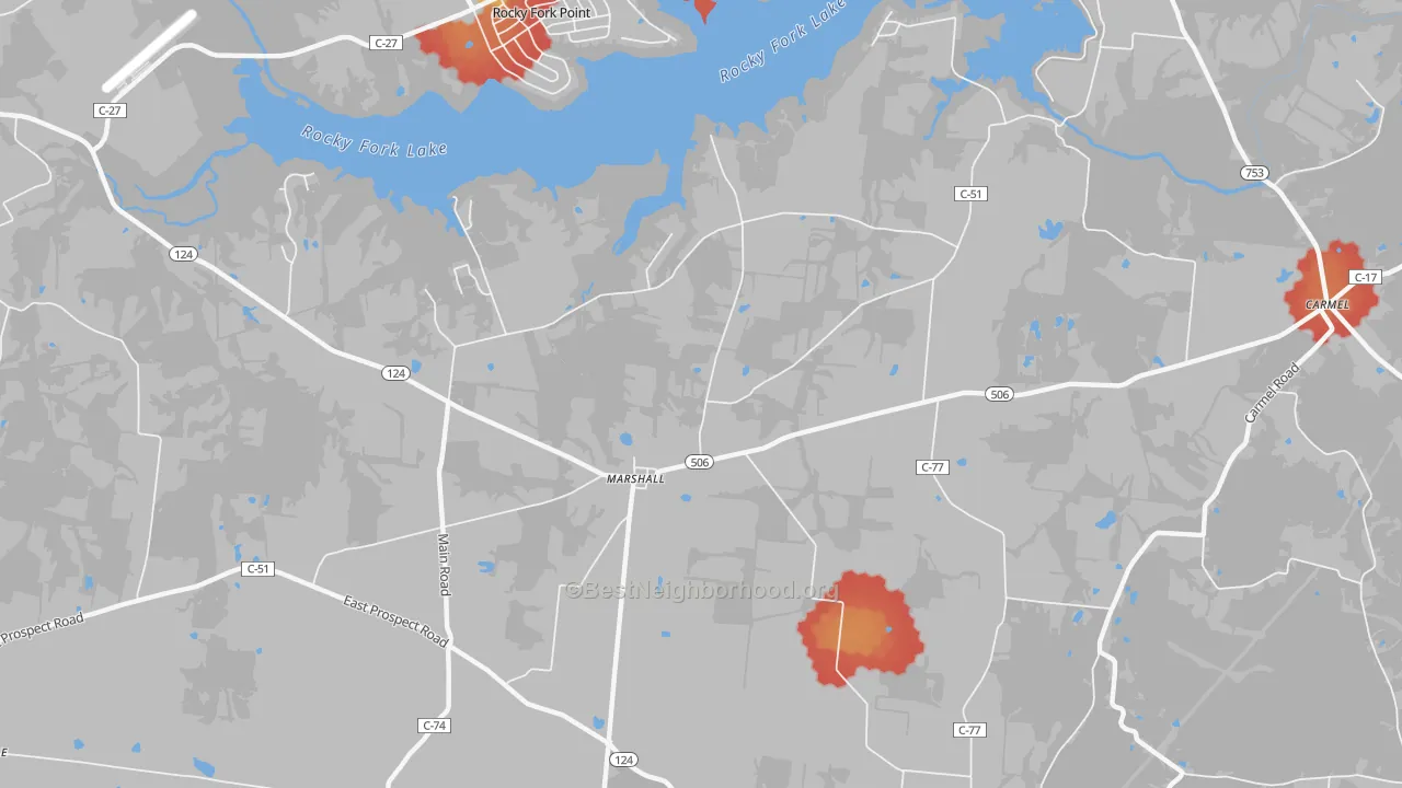 Walk Grade map of Marshall, OH, walkable areas in green and car-dependent areas in red