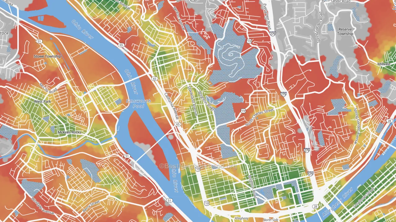 Walk Grade map of Marshall-Shadeland, Pittsburgh, PA, walkable areas in green and car-dependent areas in red