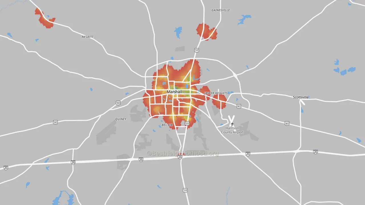 Walk Grade map of Marshall, TX, walkable areas in green and car-dependent areas in red