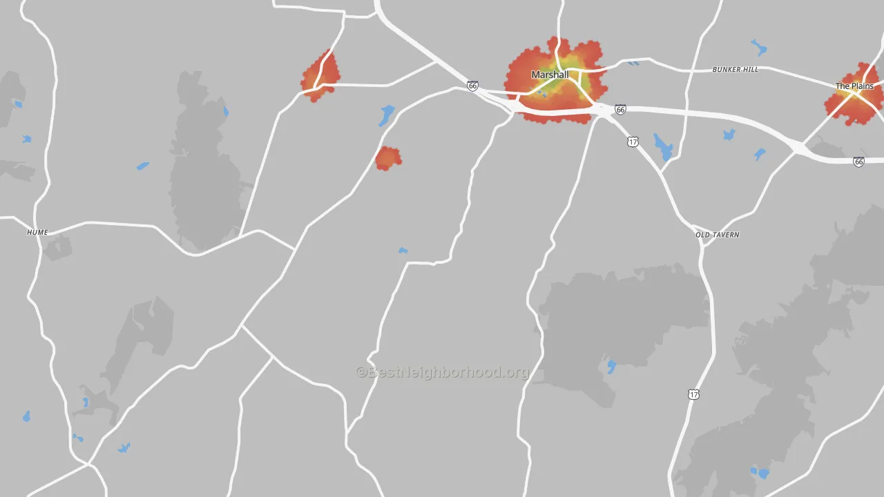 Walk Grade map of Marshall, VA, walkable areas in green and car-dependent areas in red