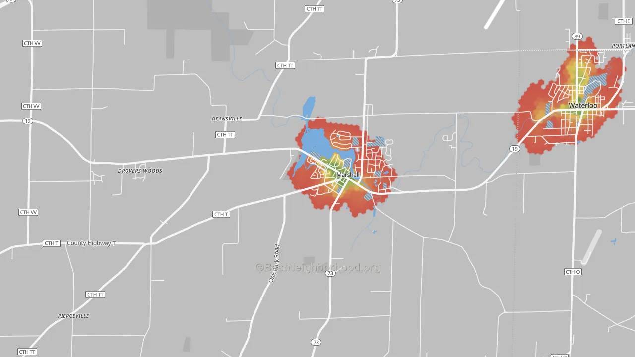 Walk Grade map of Marshall, WI, walkable areas in green and car-dependent areas in red
