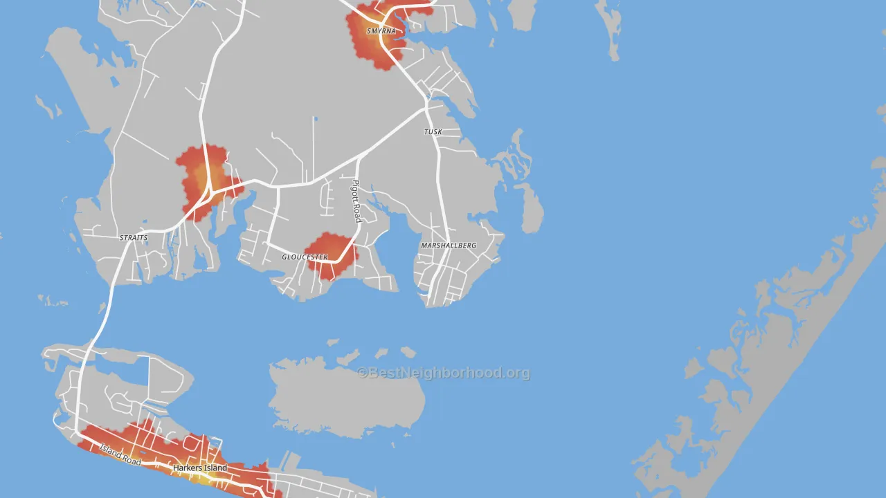 Walk Grade map of Marshallberg, NC, walkable areas in green and car-dependent areas in red