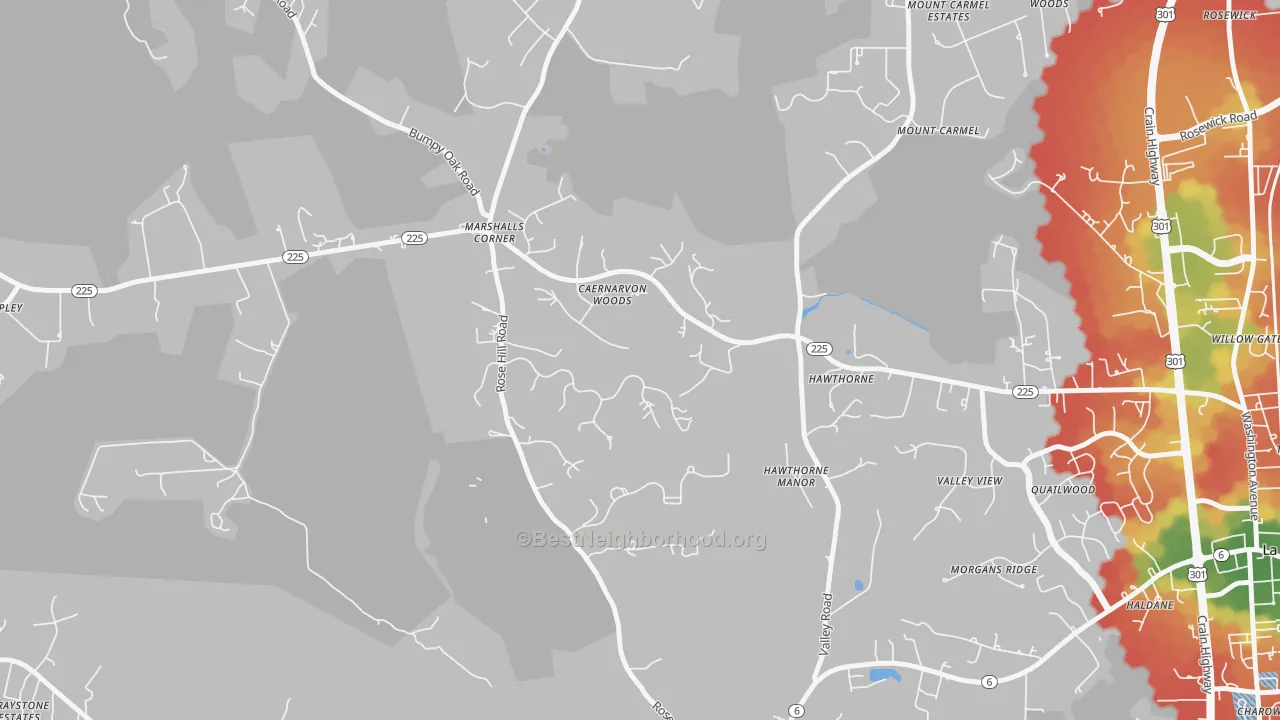 Walk Grade map of Marshalls Corner, MD, walkable areas in green and car-dependent areas in red