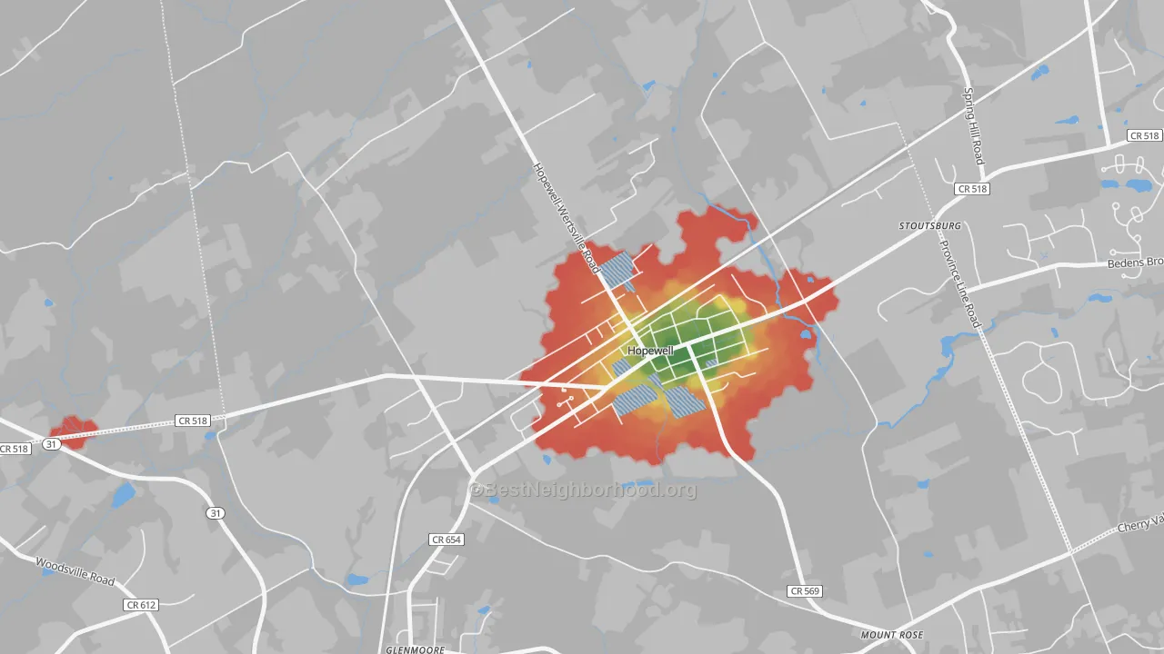 Walk Grade map of Marshalls Corner, NJ, walkable areas in green and car-dependent areas in red