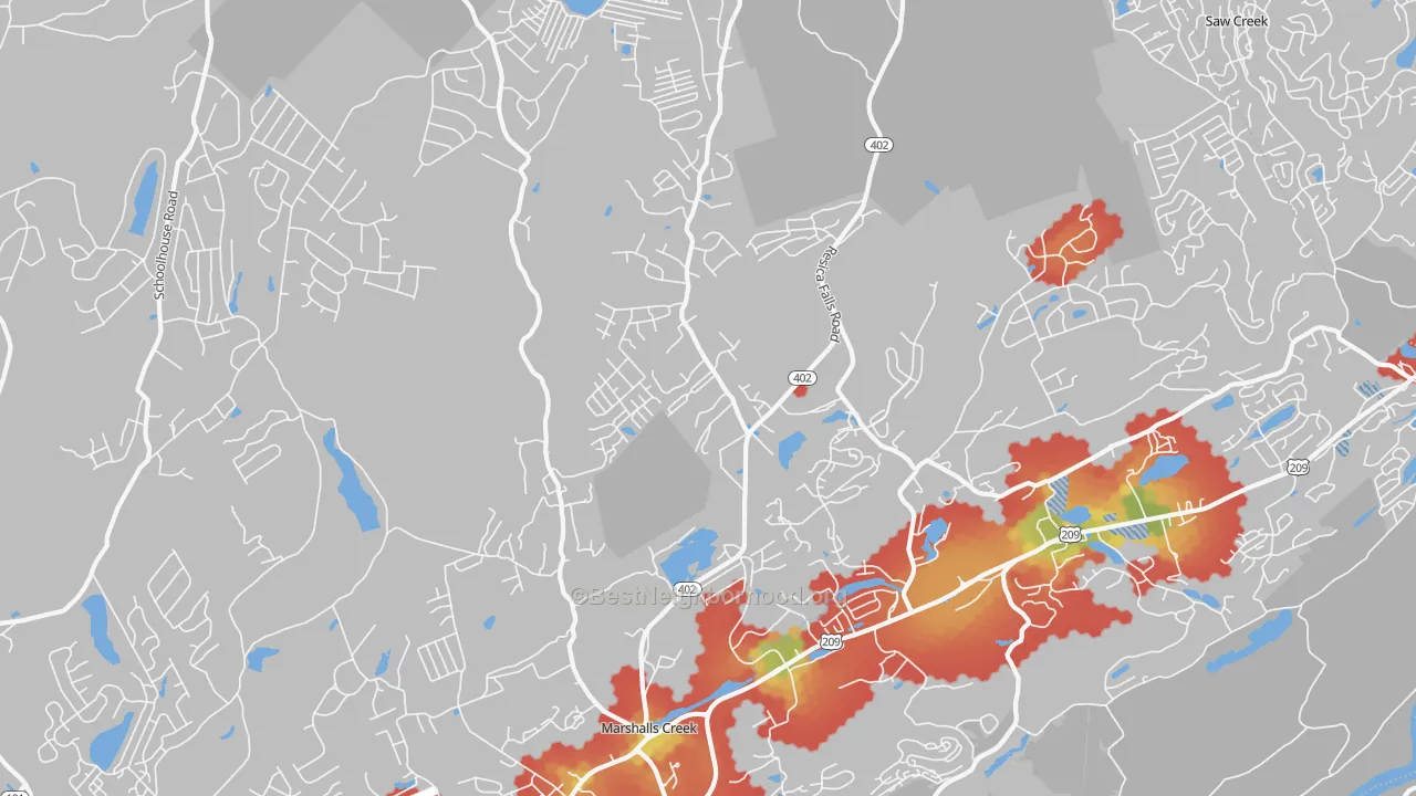 Walk Grade map of Marshalls Creek, PA, walkable areas in green and car-dependent areas in red