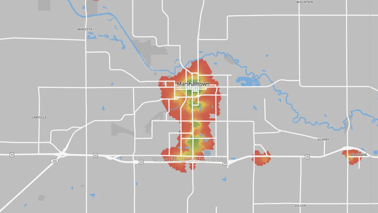 Walk Grade map of Marshalltown, IA, walkable areas in green and car-dependent areas in red