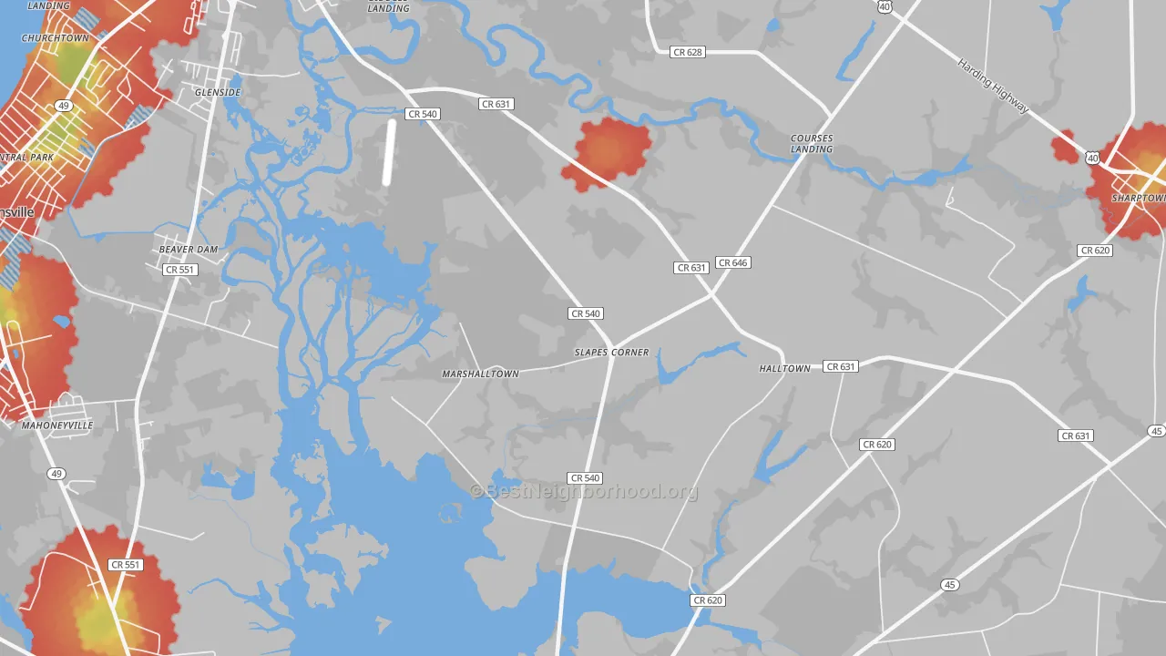 Walk Grade map of Marshalltown, NJ, walkable areas in green and car-dependent areas in red