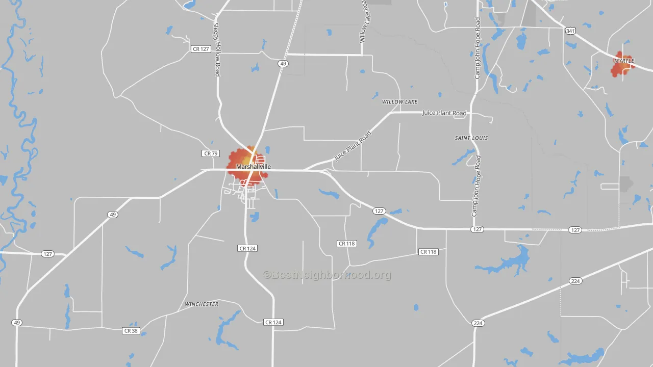 Walk Grade map of Marshallville, GA, walkable areas in green and car-dependent areas in red
