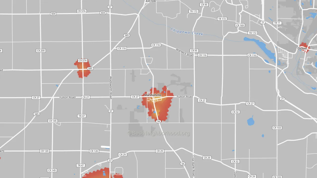 Walk Grade map of Marshallville, OH, walkable areas in green and car-dependent areas in red
