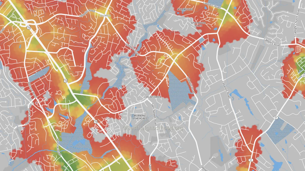Walk Grade map of Marshbrooke, Matthews, NC, walkable areas in green and car-dependent areas in red
