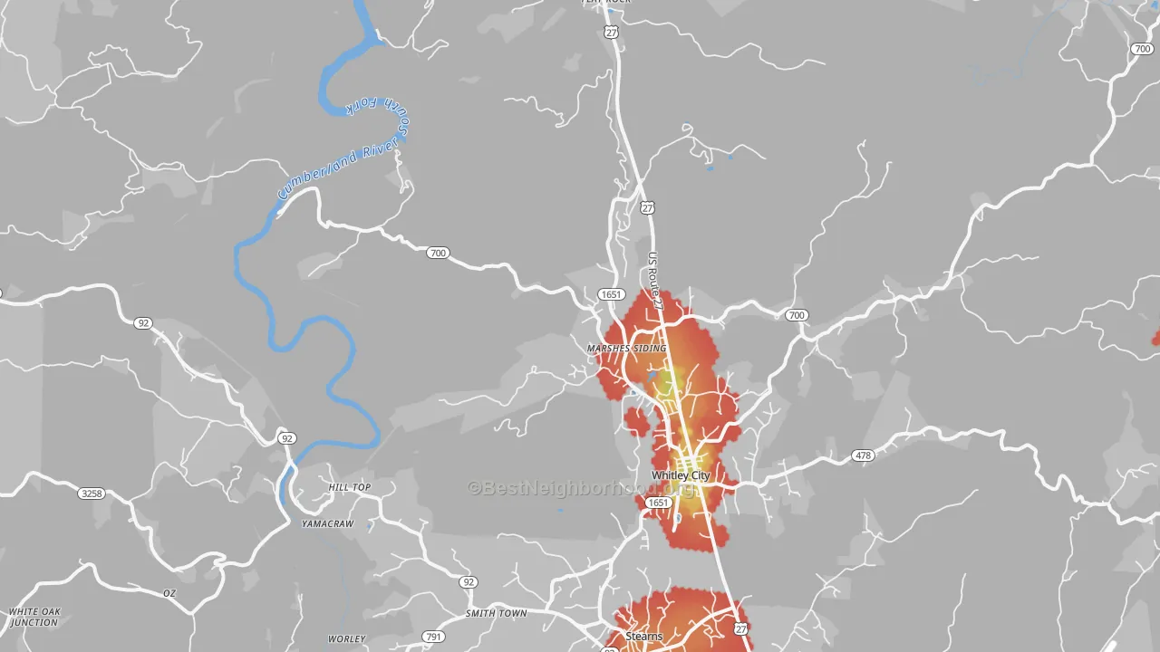 Walk Grade map of Marshes Siding, KY, walkable areas in green and car-dependent areas in red