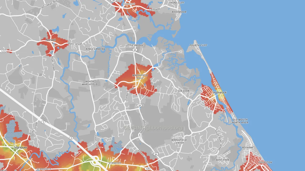 Walk Grade map of Marshfield Hills, MA, walkable areas in green and car-dependent areas in red