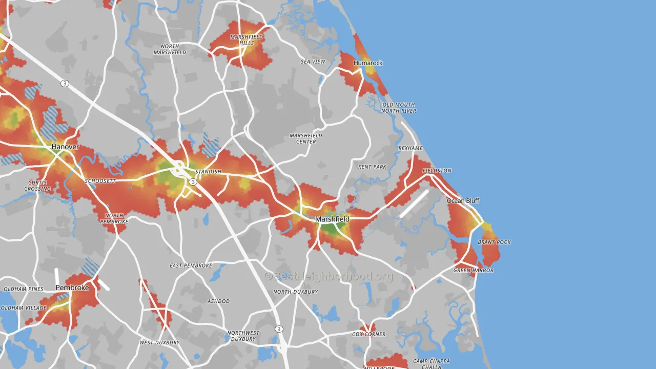Walk Grade map of Marshfield, MA, walkable areas in green and car-dependent areas in red