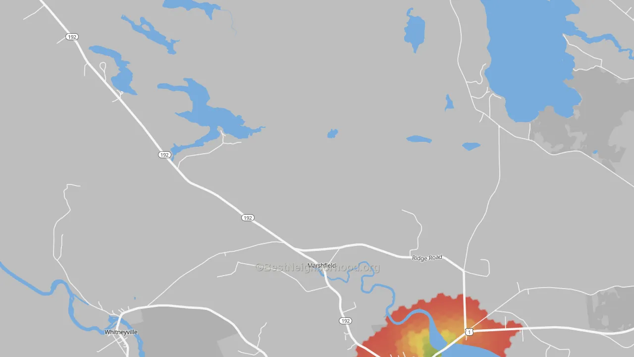 Walk Grade map of Marshfield, ME, walkable areas in green and car-dependent areas in red